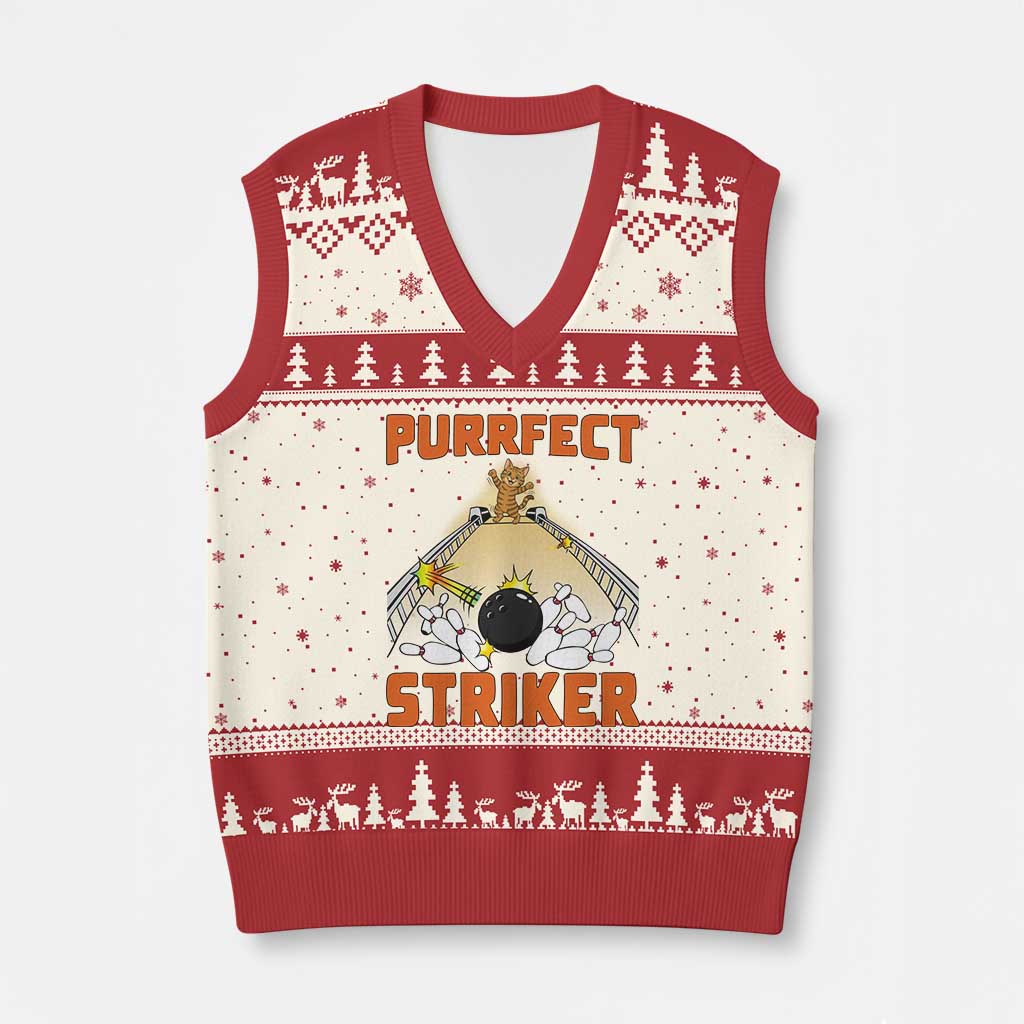 Funny Cat Bowling Gift V-Neck Knit Sweater Vest Purrfect Striker TS12 Beige Red Print Your Wear