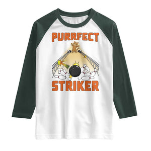 Funny Cat Bowling Gift Raglan Shirt Purrfect Striker TS12 White Dark Forest Green Print Your Wear