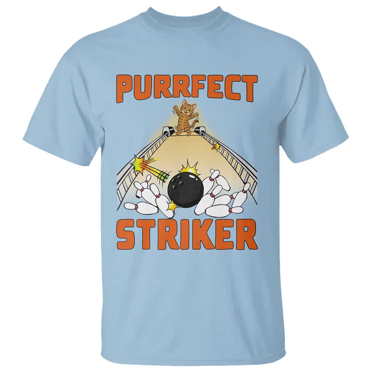 Funny Cat Bowling Gift T Shirt Purrfect Striker TS12 Light Blue Print Your Wear