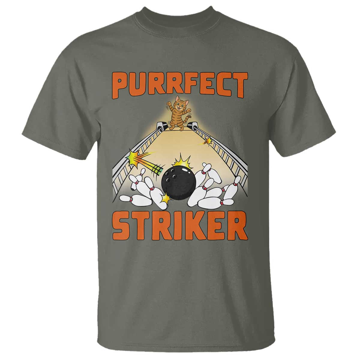 Funny Cat Bowling Gift T Shirt Purrfect Striker TS12 Military Green Print Your Wear