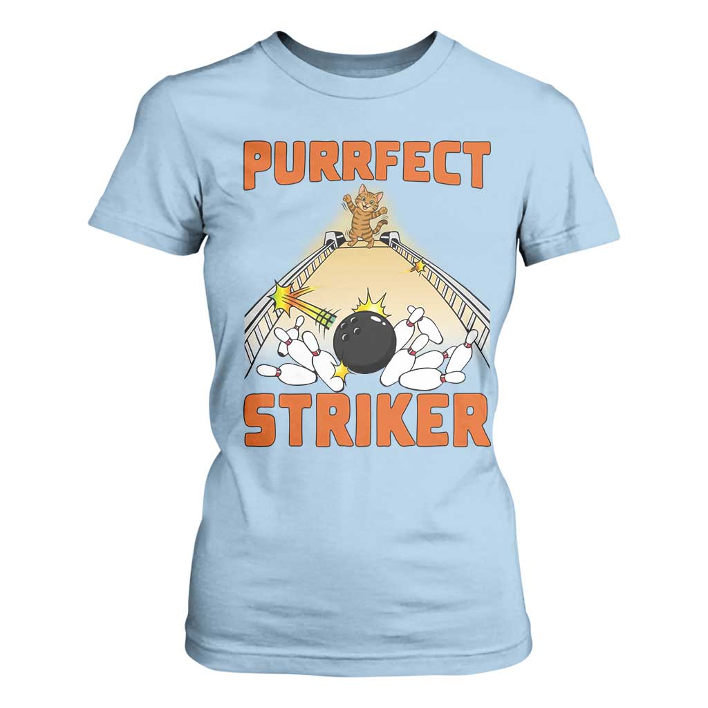 Funny Cat Bowling Gift T Shirt For Women Purrfect Striker TS12 Light Blue Print Your Wear