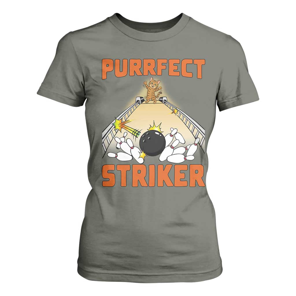 Funny Cat Bowling Gift T Shirt For Women Purrfect Striker TS12 Military Green Print Your Wear