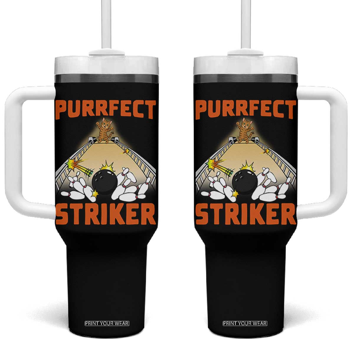 Funny Cat Bowling Gift Tumbler With Handle Purrfect Striker TS12 One Size: 40 oz Black Print Your Wear