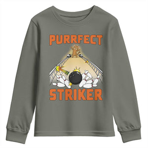 Funny Cat Bowling Gift Youth Sweatshirt Purrfect Striker TS12 Military Green Print Your Wear
