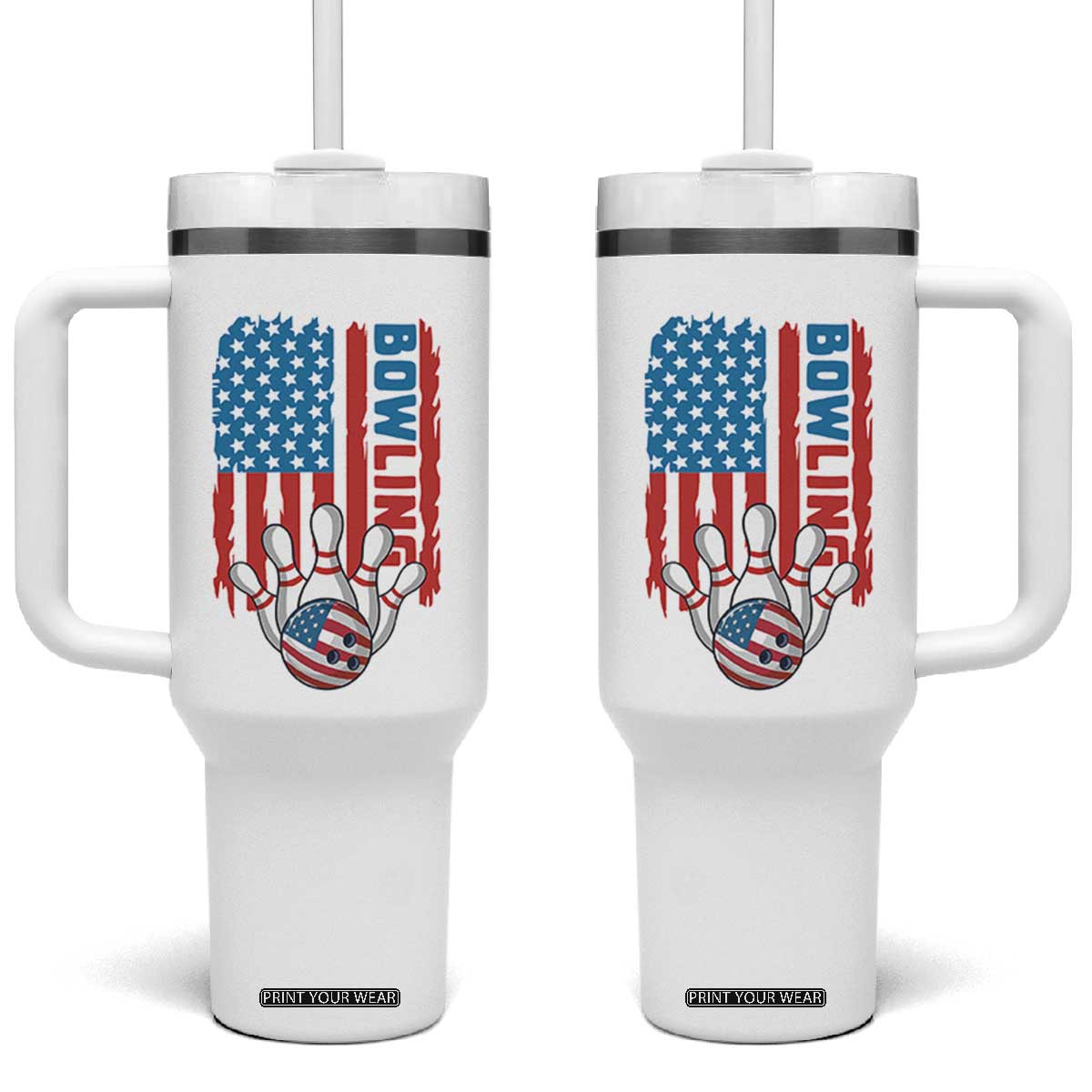 American Flag Patriotic Bowling Tumbler With Handle Bowler Gift TS12 One Size: 40 oz White Print Your Wear