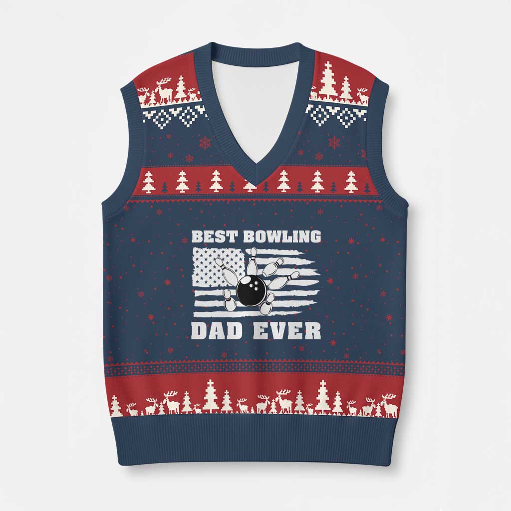 Best Bowling Dad Ever V-Neck Knit Sweater Vest American Flag Patriotic Bowler Gift TS12 Navy Red Print Your Wear