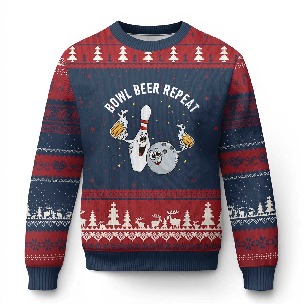 Funny Bowling Beer Lover Gift Ugly Christmas Sweater Bowl Beer Repeat TS12 Navy Red Print Your Wear