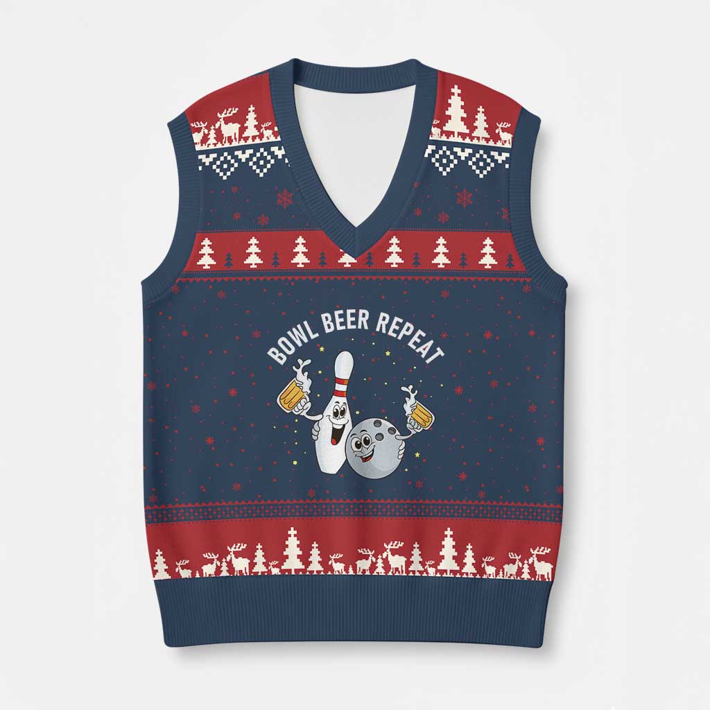 Funny Bowling Beer Lover Gift V-Neck Knit Sweater Vest Bowl Beer Repeat TS12 Navy Red Print Your Wear