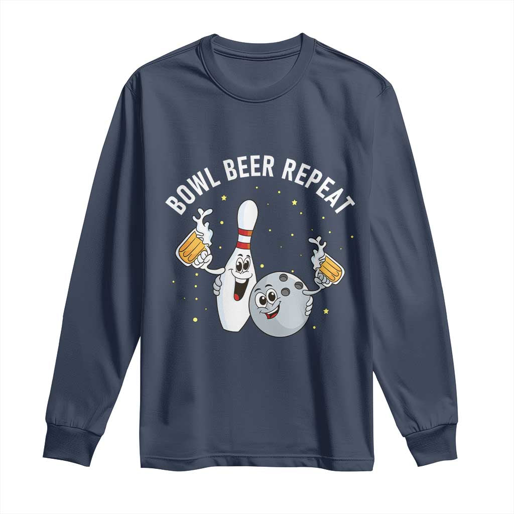 Funny Bowling Beer Lover Gift Long Sleeve Shirt Bowl Beer Repeat TS12 Navy Print Your Wear