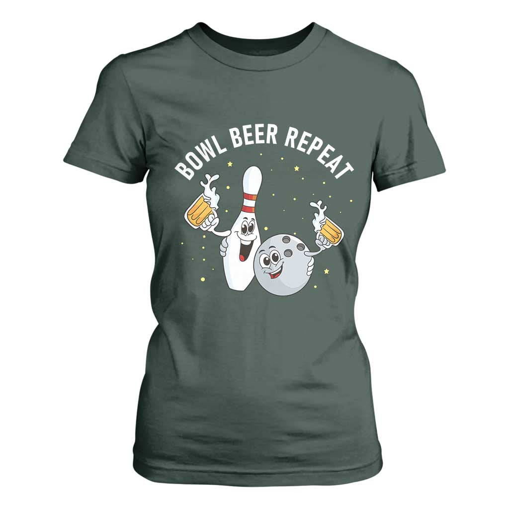 Funny Bowling Beer Lover Gift T Shirt For Women Bowl Beer Repeat TS12 Dark Forest Green Print Your Wear