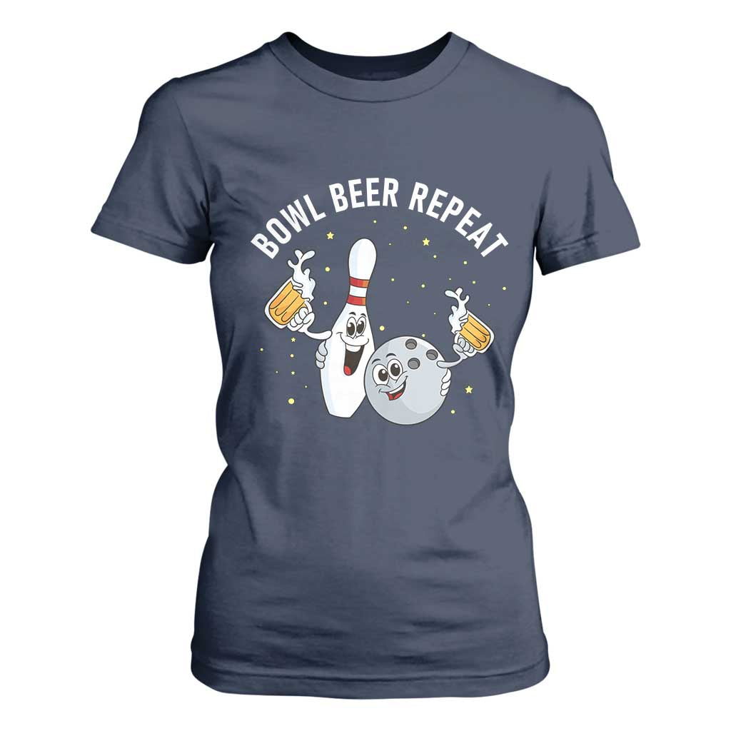 Funny Bowling Beer Lover Gift T Shirt For Women Bowl Beer Repeat TS12 Navy Print Your Wear