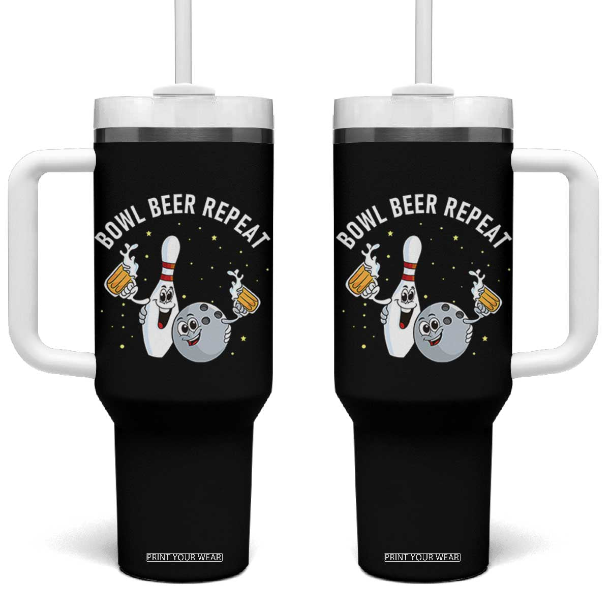 Funny Bowling Beer Lover Gift Tumbler With Handle Bowl Beer Repeat TS12 One Size: 40 oz Black Print Your Wear
