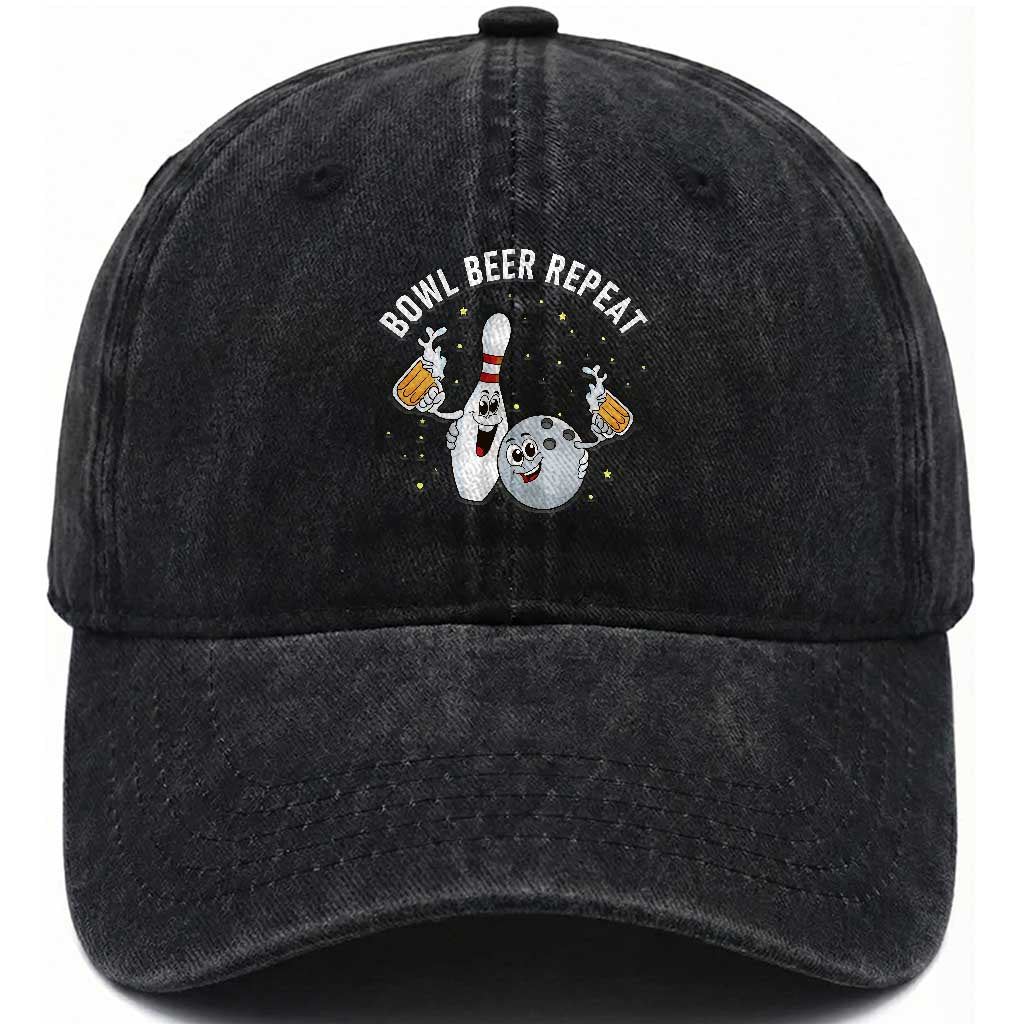 Funny Bowling Beer Lover Gift Washed Cotton Baseball Cap Bowl Beer Repeat TS12 Washed Cap Universal Fit Black Print Your Wear