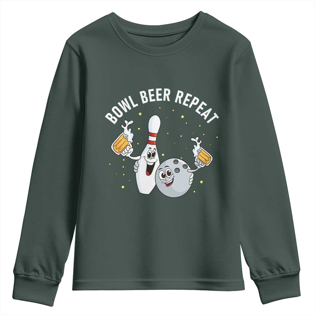 Funny Bowling Beer Lover Gift Youth Sweatshirt Bowl Beer Repeat TS12 Dark Forest Green Print Your Wear