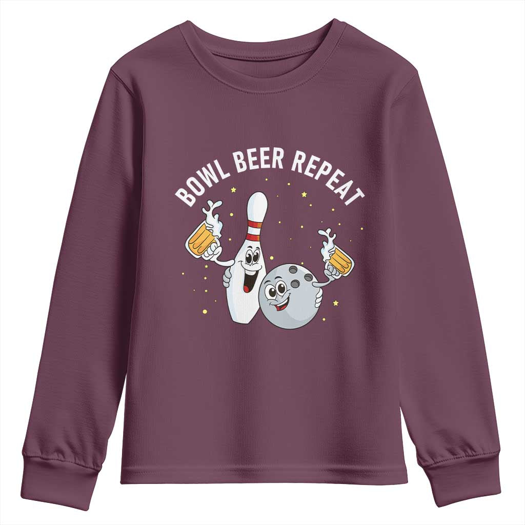 Funny Bowling Beer Lover Gift Youth Sweatshirt Bowl Beer Repeat TS12 Maroon Print Your Wear