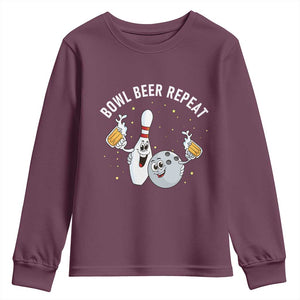 Funny Bowling Beer Lover Gift Youth Sweatshirt Bowl Beer Repeat TS12 Maroon Print Your Wear
