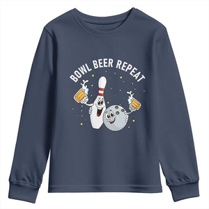 Funny Bowling Beer Lover Gift Youth Sweatshirt Bowl Beer Repeat TS12 Navy Print Your Wear