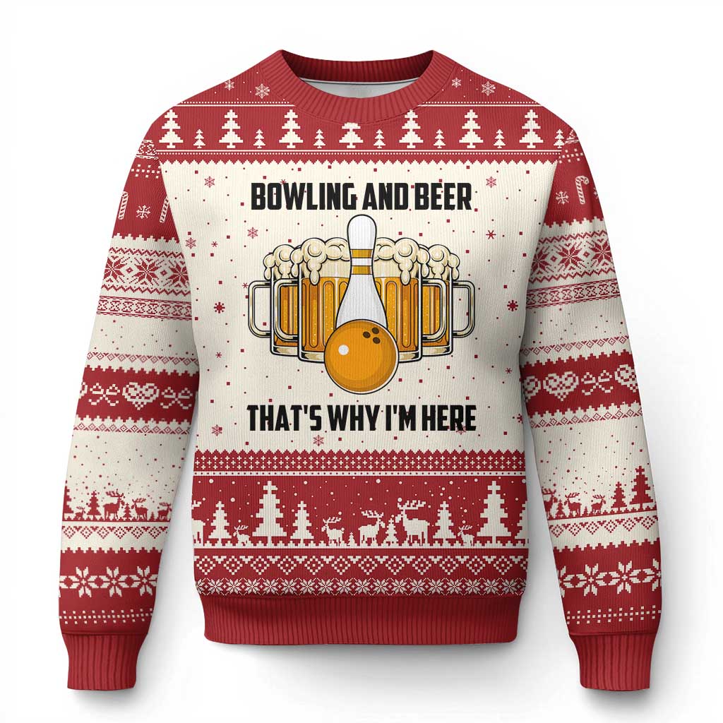 Bowling And Beer That's Why I'm Here Ugly Christmas Sweater Drinking Bowling Gift TS12 Beige Red Print Your Wear