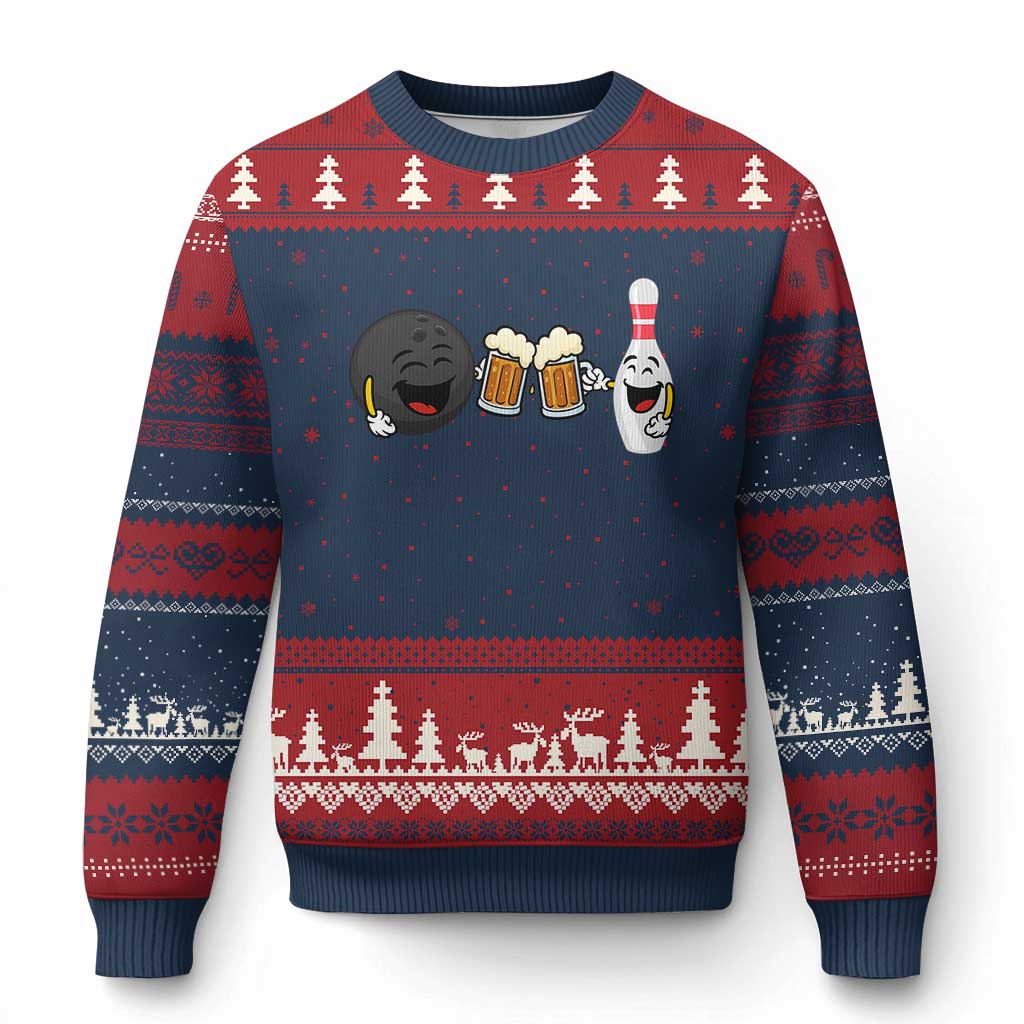 Funny Bowling And Beer Lover Gift Ugly Christmas Sweater TS12 Navy Red Print Your Wear