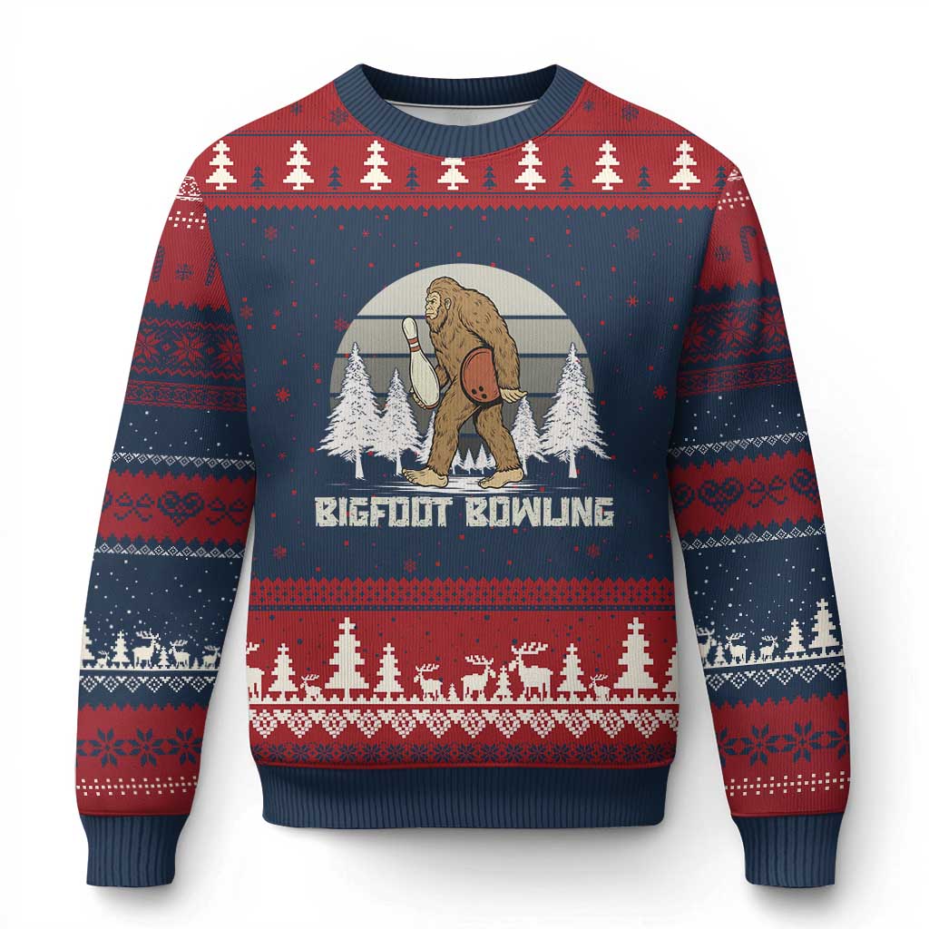 Funny Bigfoot Bowling Ugly Christmas Sweater Gift For Bowler TS12 Navy Red Print Your Wear