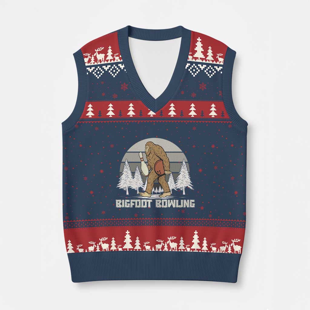 Funny Bigfoot Bowling V-Neck Knit Sweater Vest Gift For Bowler TS12 Navy Red Print Your Wear