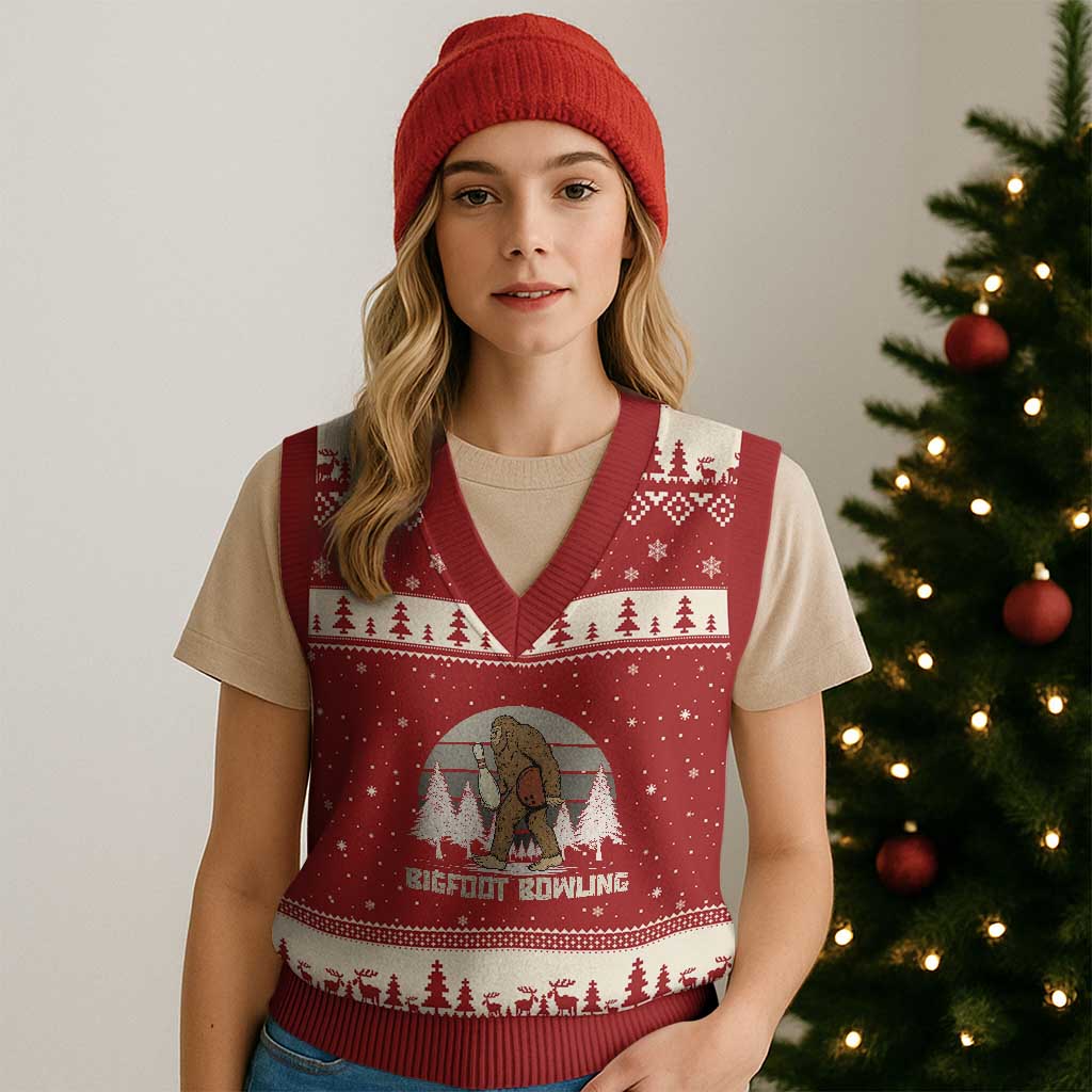 Funny Bigfoot Bowling V-Neck Knit Sweater Vest Gift For Bowler TS12 Red Beige Print Your Wear