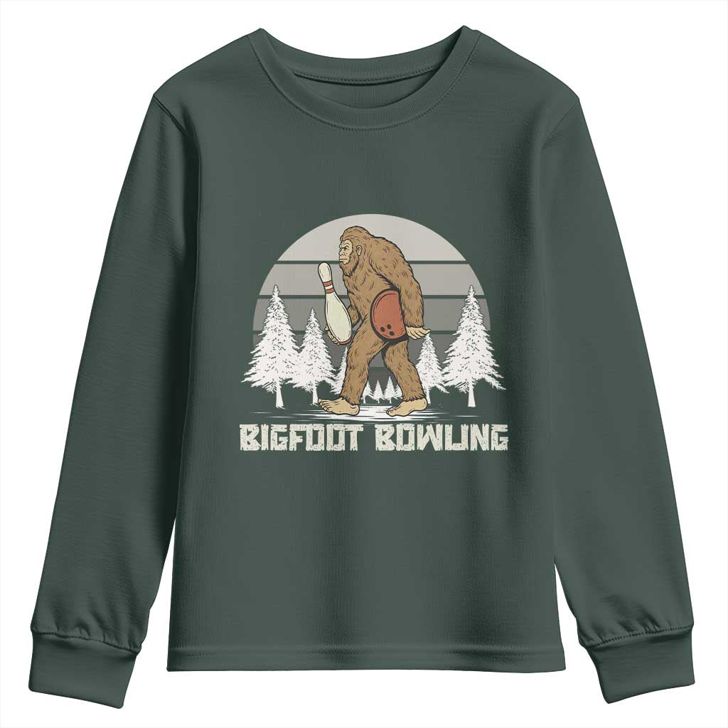 Funny Bigfoot Bowling Youth Sweatshirt Gift For Bowler TS12 Dark Forest Green Print Your Wear