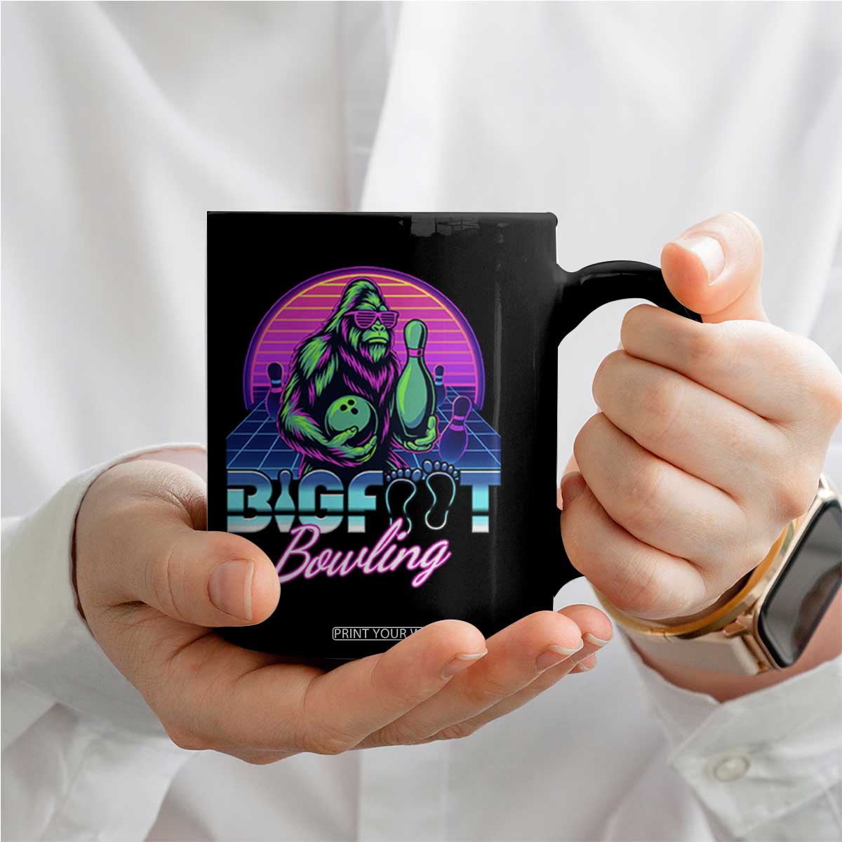 Funny Bigfoot Bowling Vaporwave Gift Coffee Mug TS12 Print Your Wear