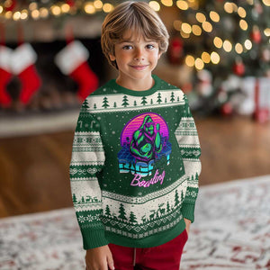 Funny Bigfoot Bowling Vaporwave Gift Ugly Christmas Sweater TS12 Forest Green Beige Print Your Wear