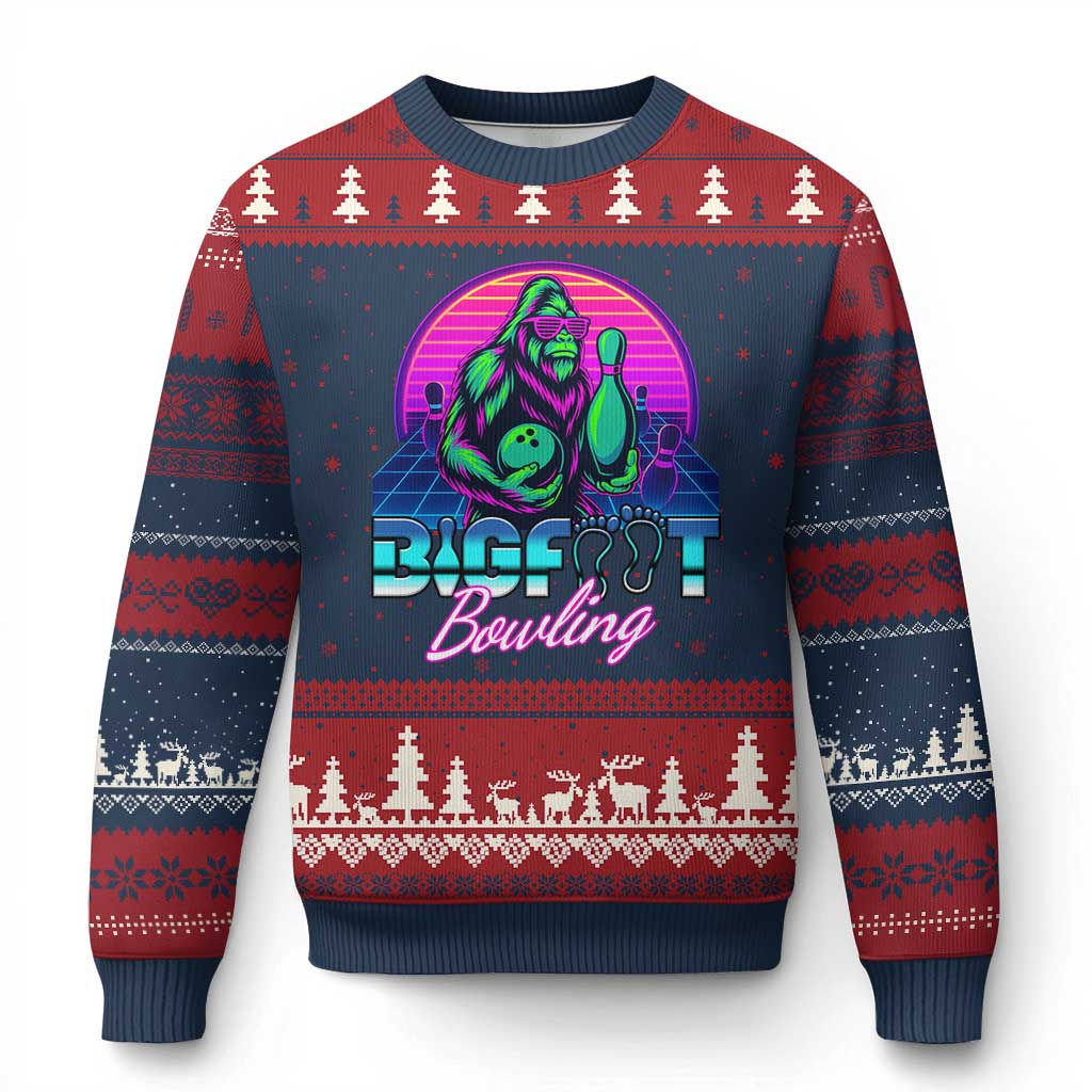 Funny Bigfoot Bowling Vaporwave Gift Ugly Christmas Sweater TS12 Navy Red Print Your Wear