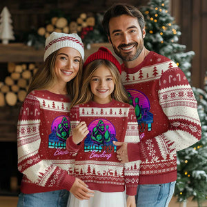 Funny Bigfoot Bowling Vaporwave Gift Ugly Christmas Sweater TS12 Red Beige Print Your Wear