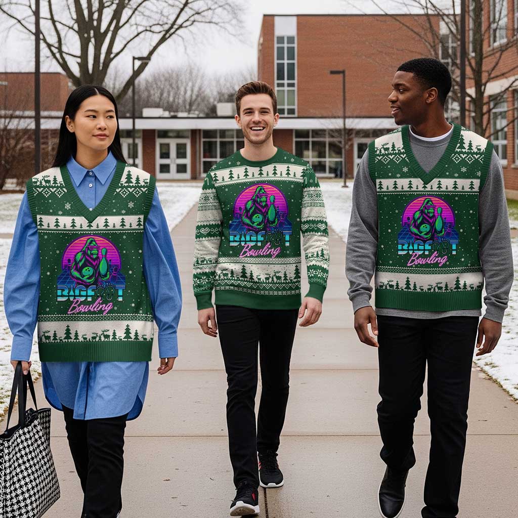 Funny Bigfoot Bowling Vaporwave Gift V-Neck Knit Sweater Vest TS12 Forest Green Beige Print Your Wear
