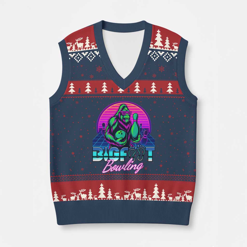 Funny Bigfoot Bowling Vaporwave Gift V-Neck Knit Sweater Vest TS12 Navy Red Print Your Wear