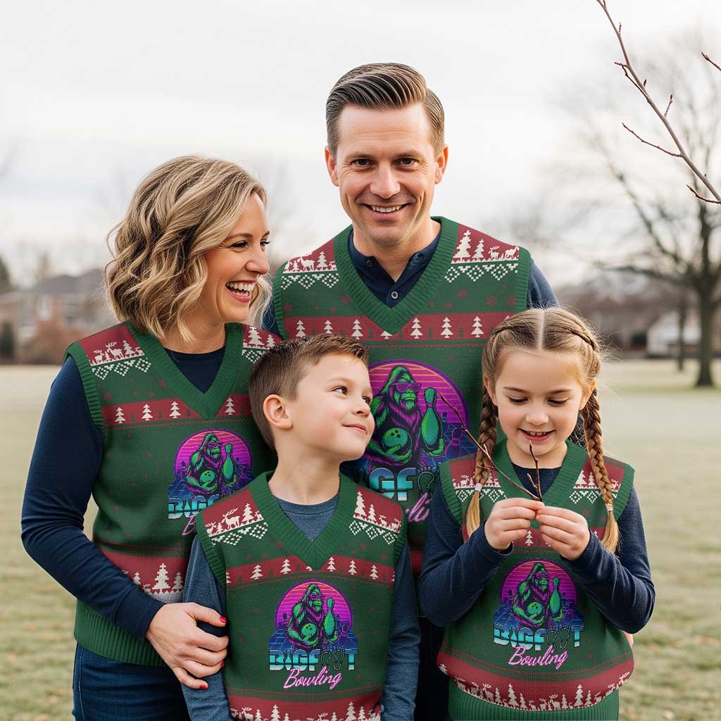 Funny Bigfoot Bowling Vaporwave Gift V-Neck Knit Sweater Vest TS12 Red Green Print Your Wear