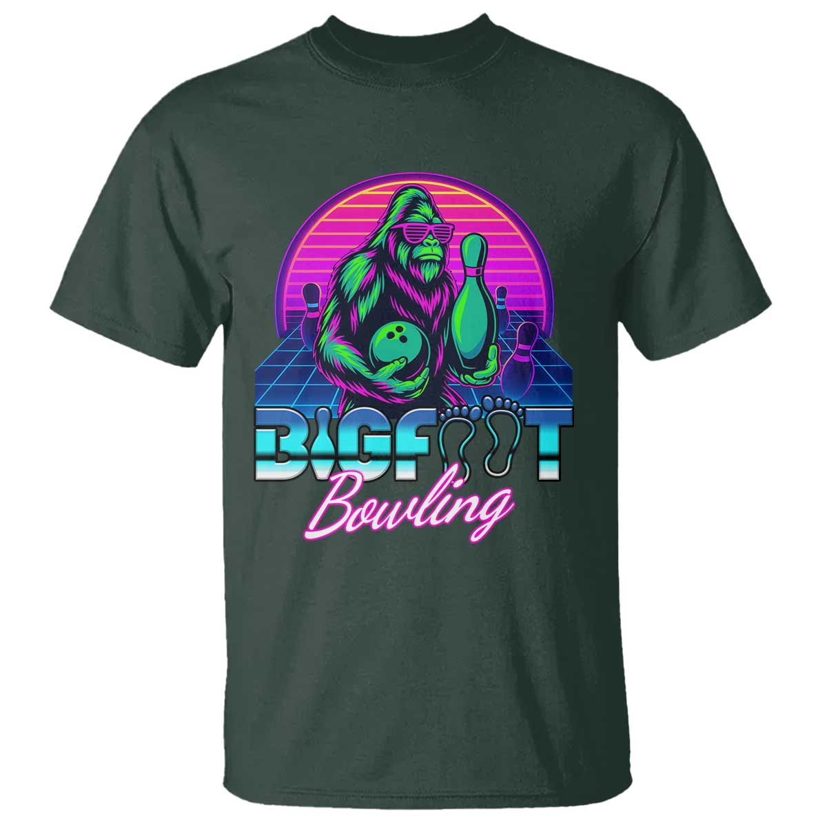 Funny Bigfoot Bowling Vaporwave Gift T Shirt TS12 Dark Forest Green Print Your Wear