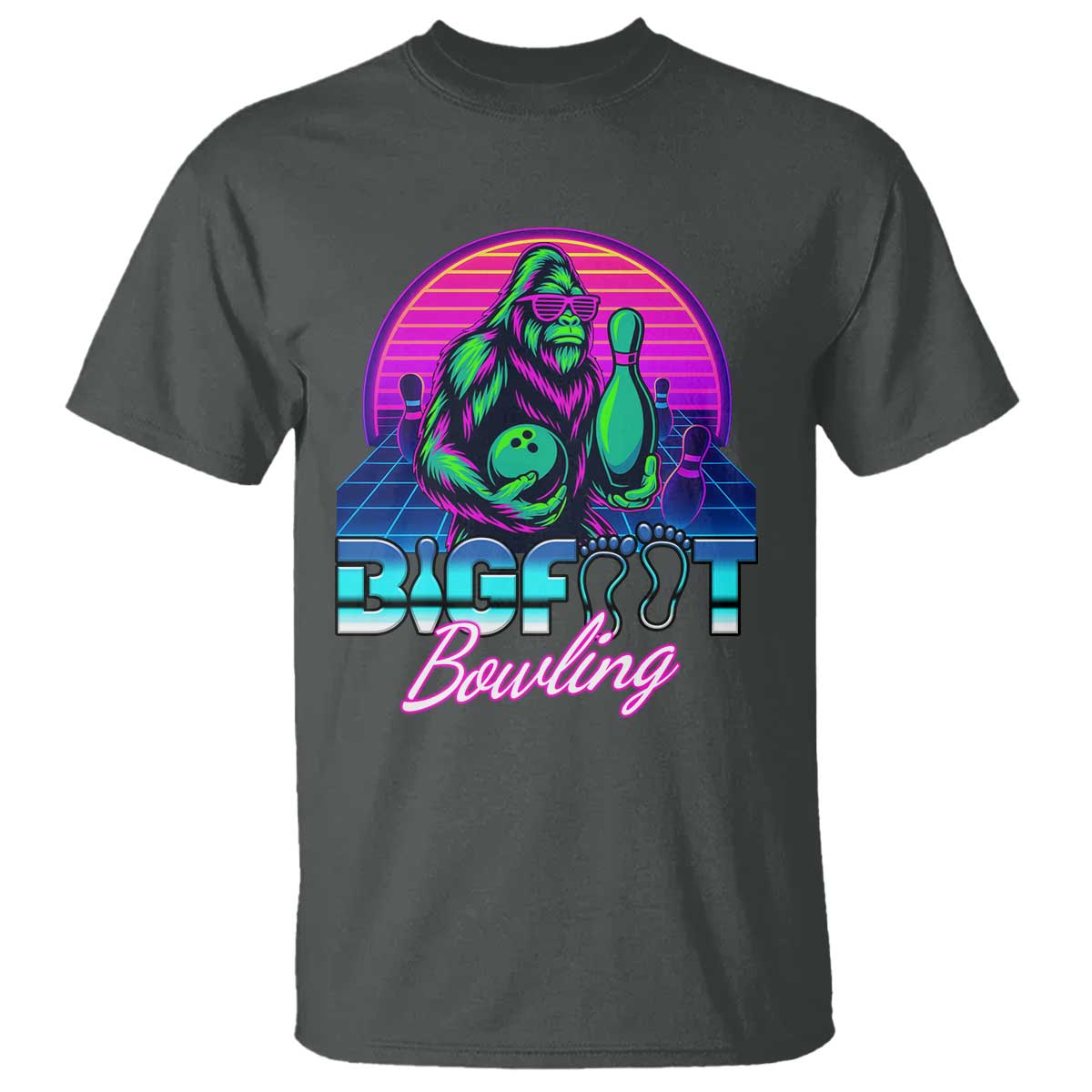 Funny Bigfoot Bowling Vaporwave Gift T Shirt TS12 Dark Heather Print Your Wear