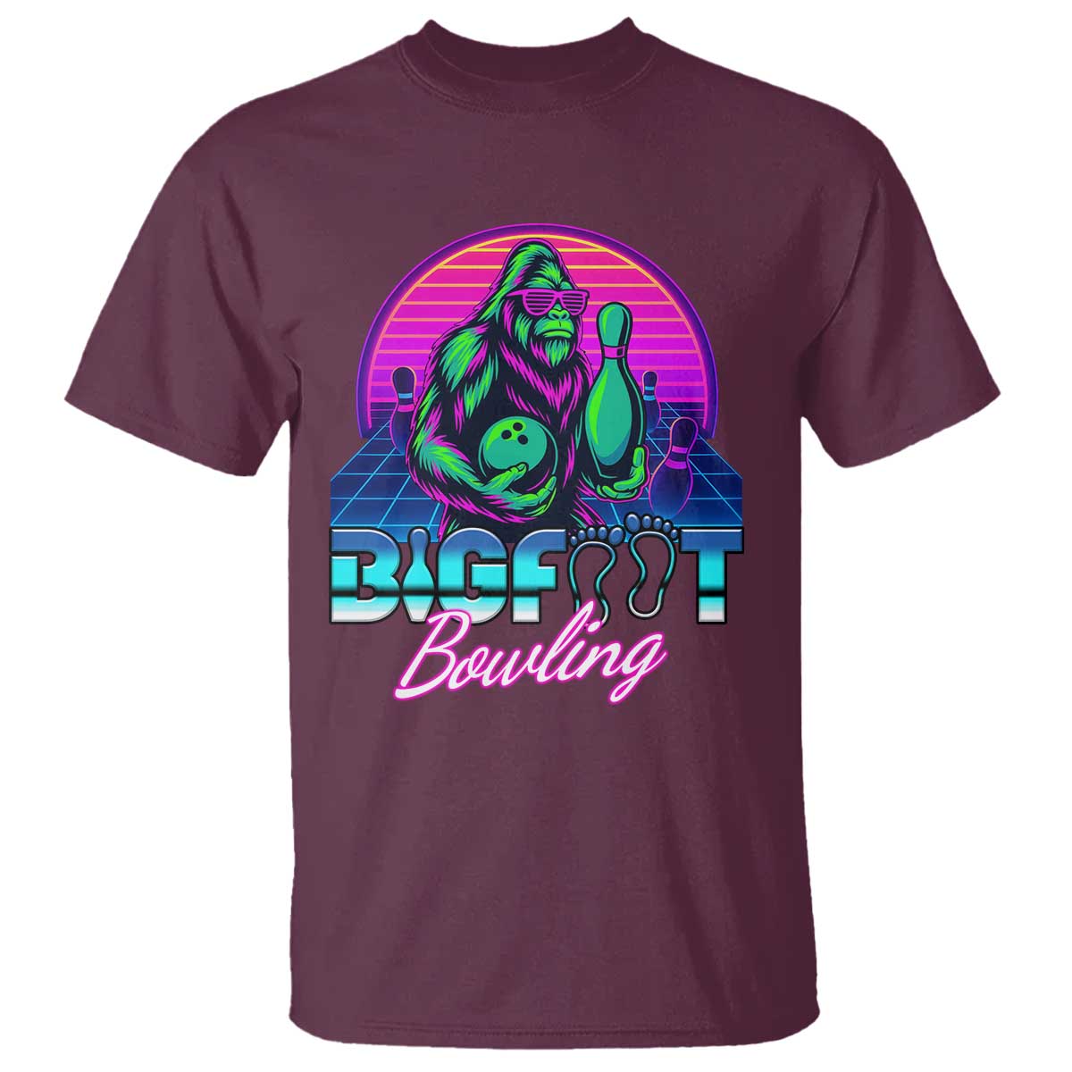 Funny Bigfoot Bowling Vaporwave Gift T Shirt TS12 Maroon Print Your Wear