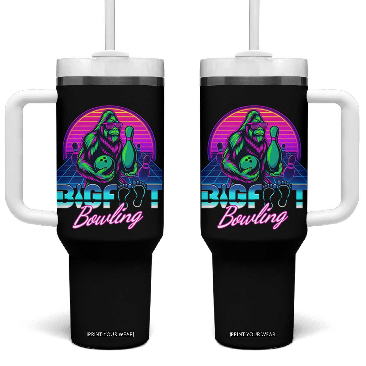 Funny Bigfoot Bowling Vaporwave Gift Tumbler With Handle TS12 One Size: 40 oz Black Print Your Wear