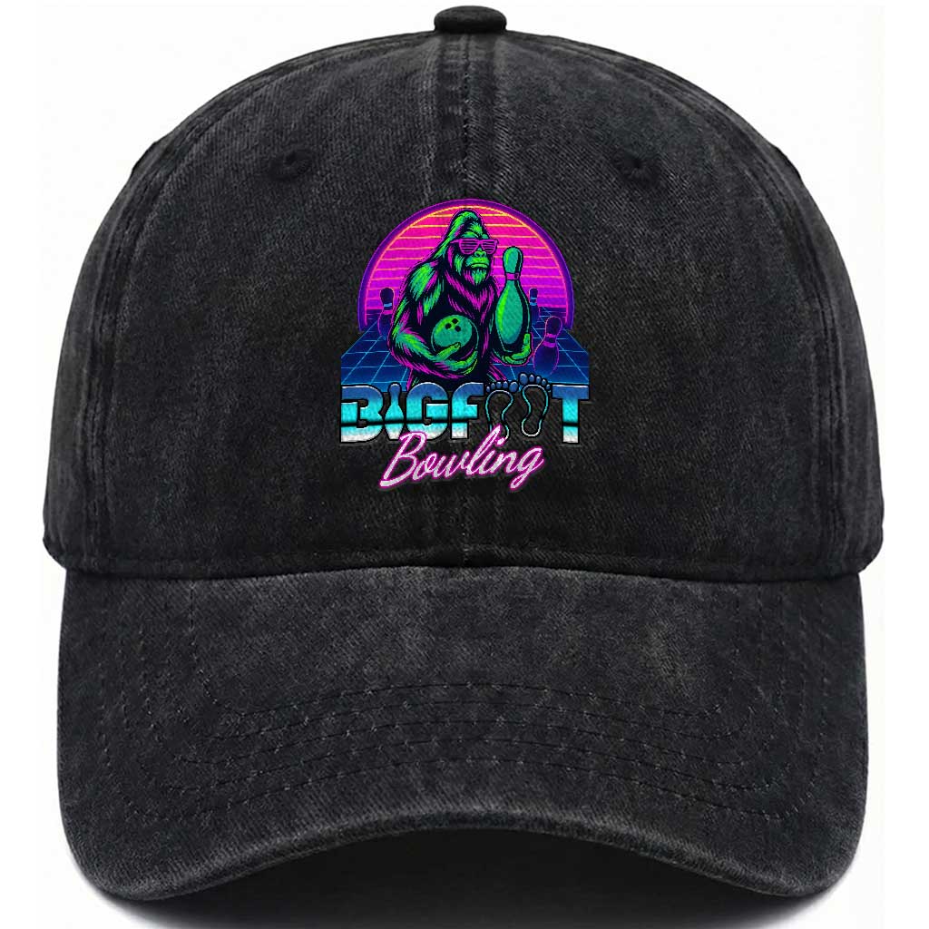 Funny Bigfoot Bowling Vaporwave Gift Washed Cotton Baseball Cap TS12 Print Your Wear