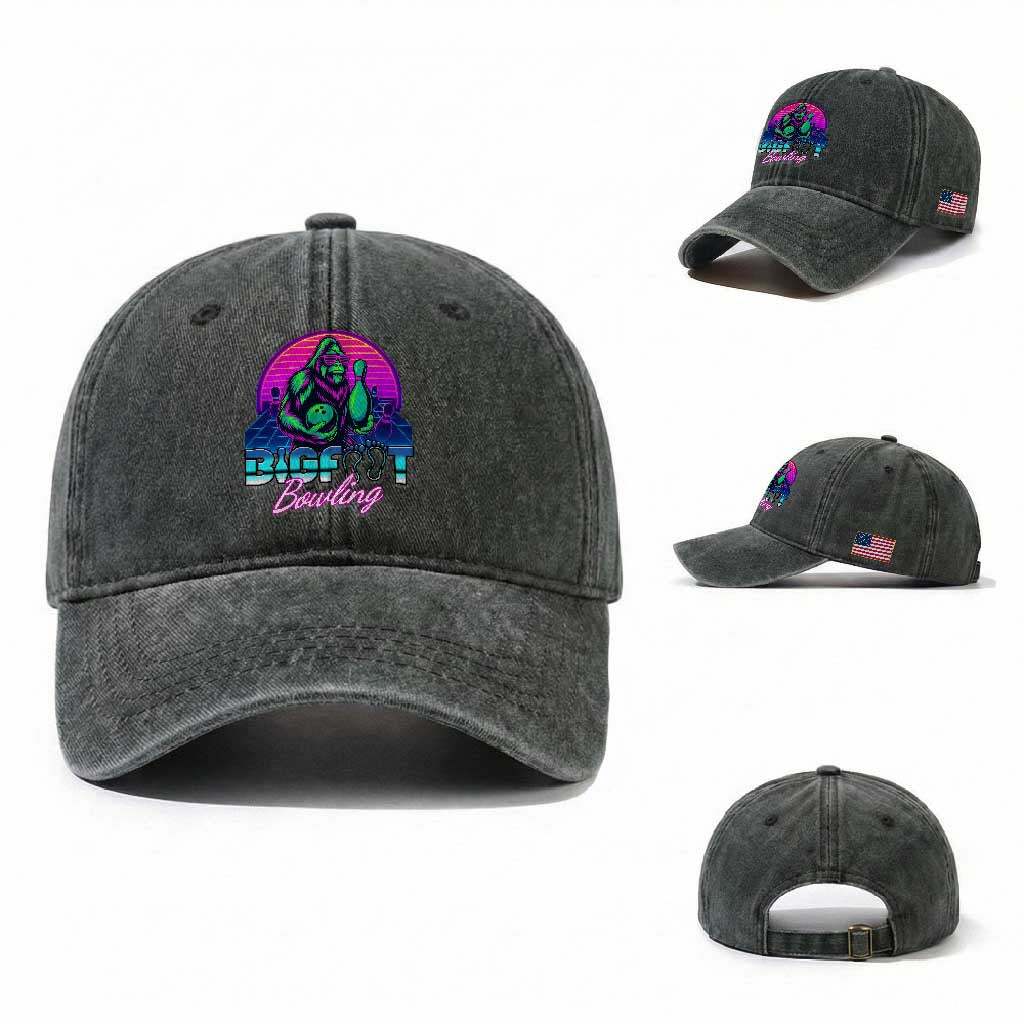 Funny Bigfoot Bowling Vaporwave Gift Washed Cotton Baseball Cap TS12 Washed Cap Universal Fit Dark Green Print Your Wear