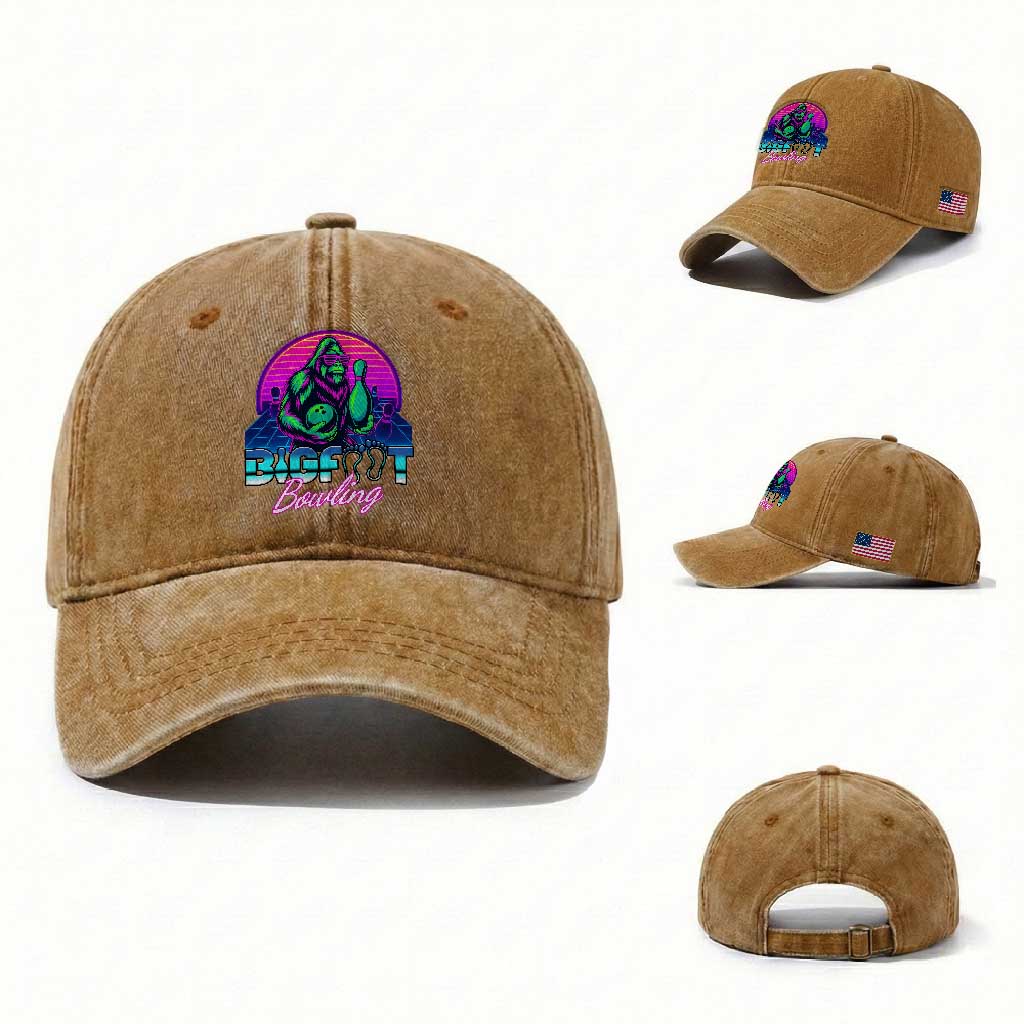 Funny Bigfoot Bowling Vaporwave Gift Washed Cotton Baseball Cap TS12 Washed Cap Universal Fit Yellow Ochre Print Your Wear