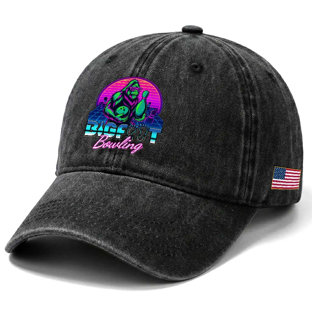 Funny Bigfoot Bowling Vaporwave Gift Washed Cotton Baseball Cap TS12 Print Your Wear