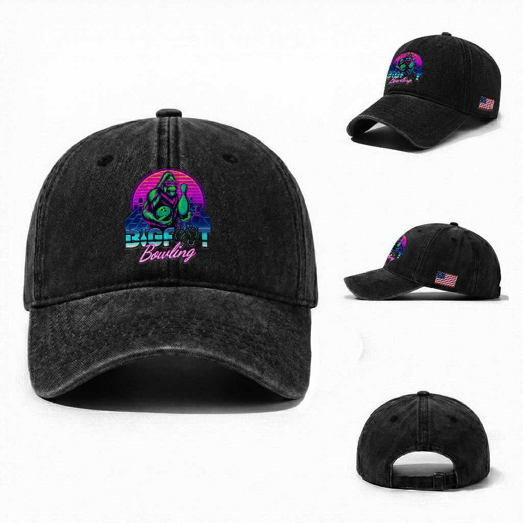 Funny Bigfoot Bowling Vaporwave Gift Washed Cotton Baseball Cap TS12 Washed Cap Universal Fit Black Print Your Wear