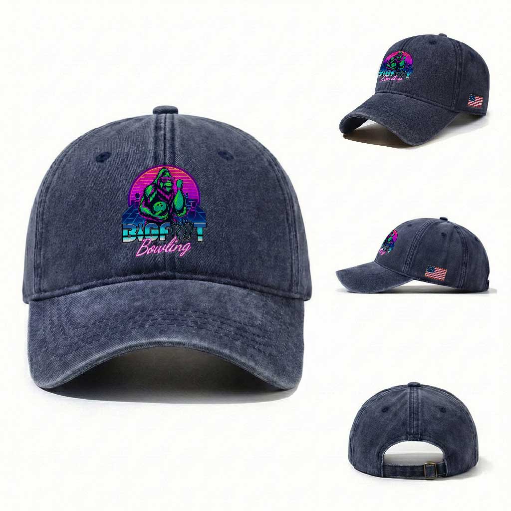 Funny Bigfoot Bowling Vaporwave Gift Washed Cotton Baseball Cap TS12 Washed Cap Universal Fit Navy Print Your Wear