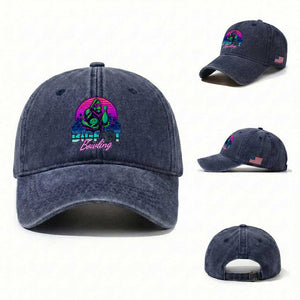 Funny Bigfoot Bowling Vaporwave Gift Washed Cotton Baseball Cap TS12 Washed Cap Universal Fit Navy Print Your Wear