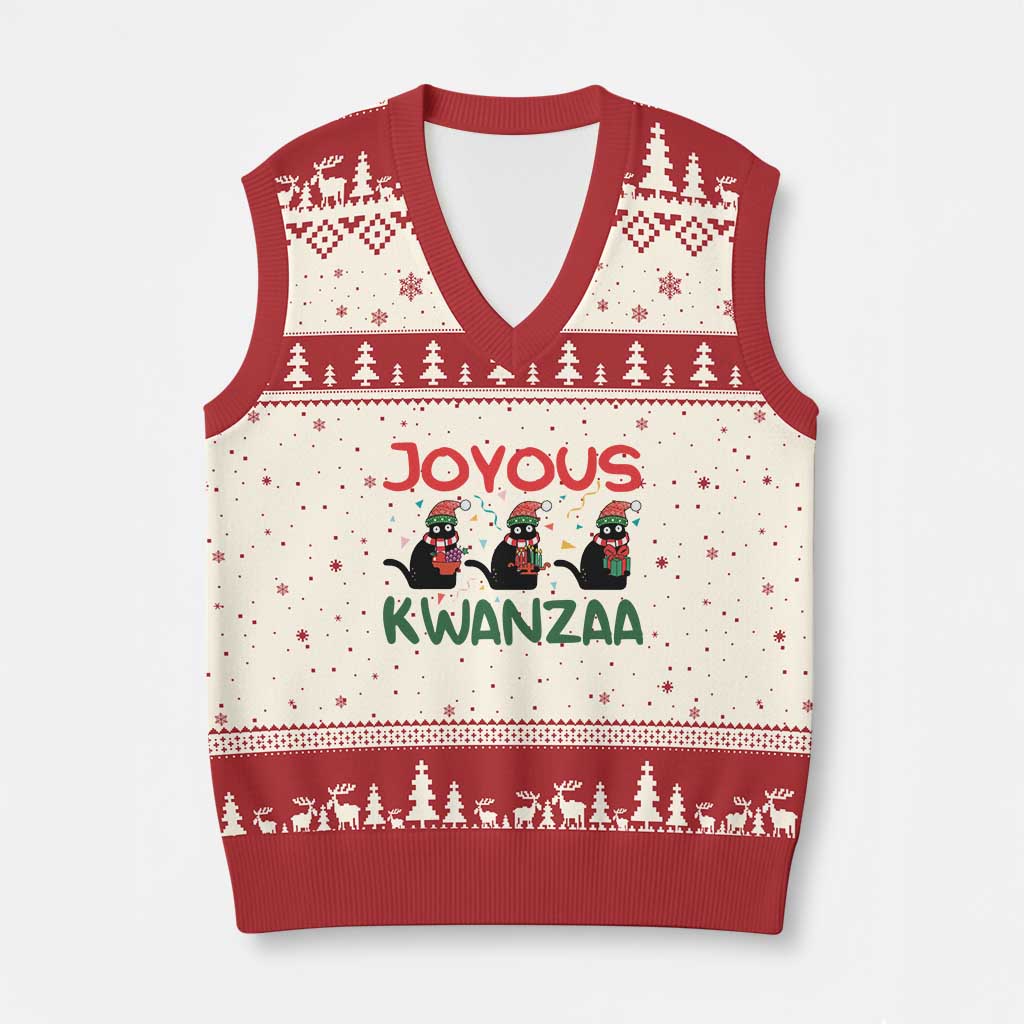 Joyous Kwanzaa V-Neck Knit Sweater Vest Funny Cats With Kinara And Presents Cultural Pride Gift TS12 Beige Red Print Your Wear