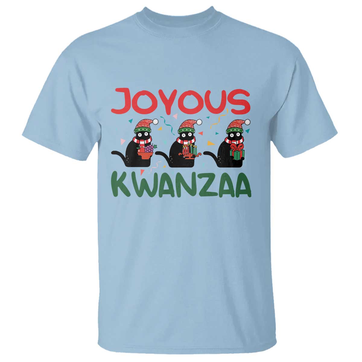 Joyous Kwanzaa T Shirt Funny Cats With Kinara And Presents Cultural Pride Gift TS12 Light Blue Print Your Wear