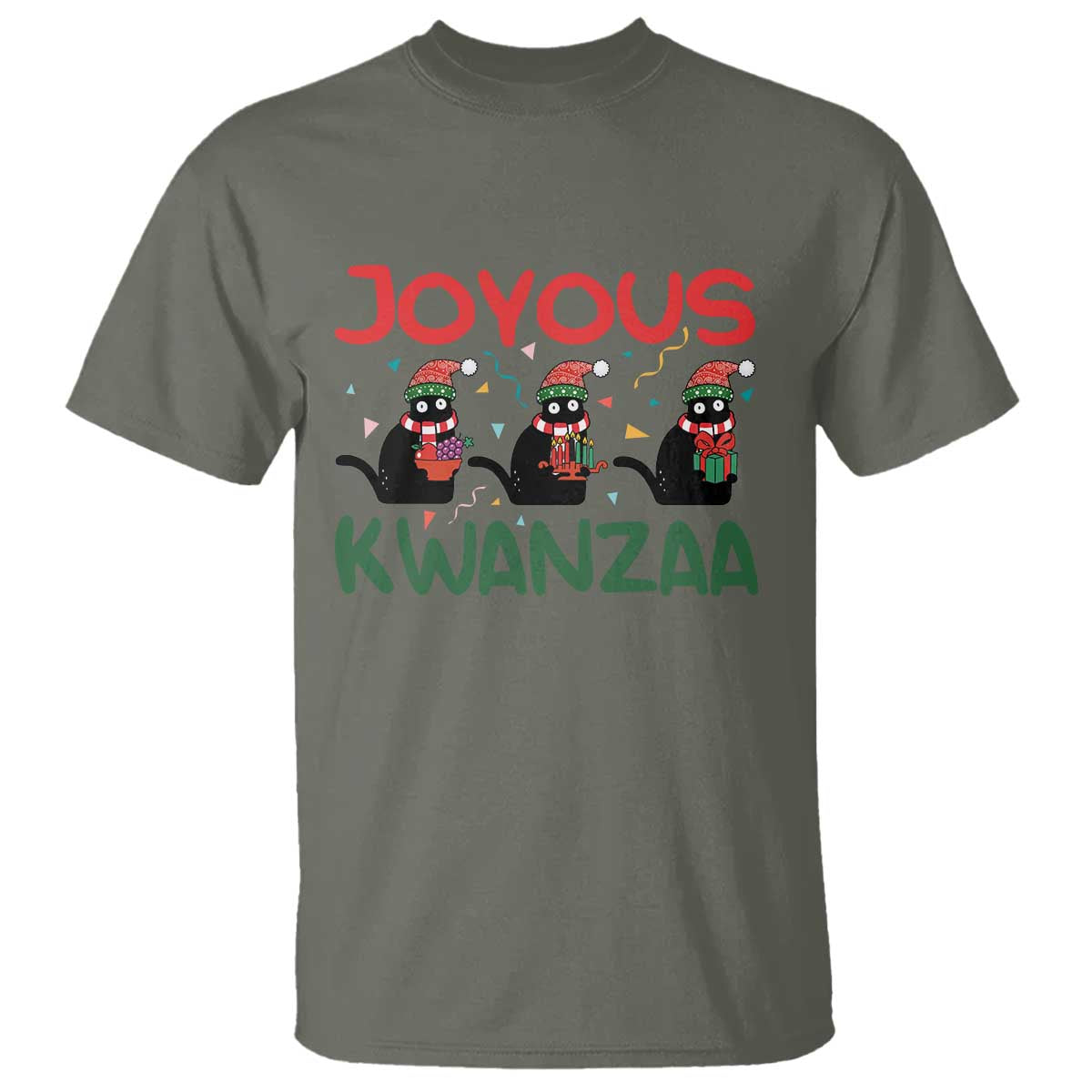 Joyous Kwanzaa T Shirt Funny Cats With Kinara And Presents Cultural Pride Gift TS12 Military Green Print Your Wear