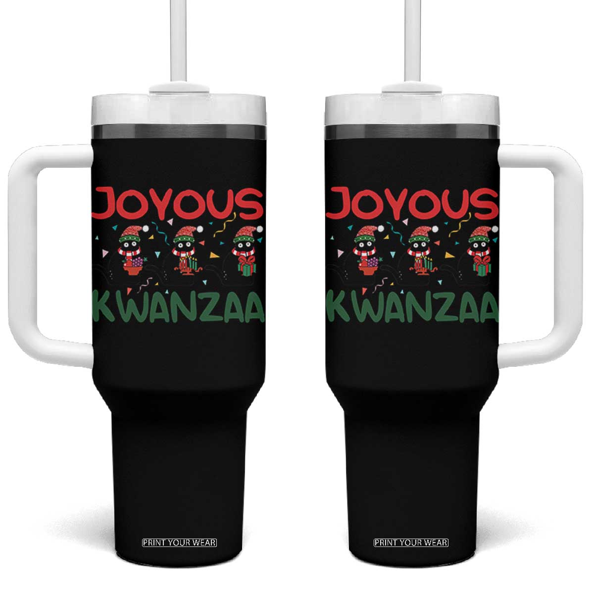 Joyous Kwanzaa Tumbler With Handle Funny Cats With Kinara And Presents Cultural Pride Gift TS12 One Size: 40 oz Black Print Your Wear