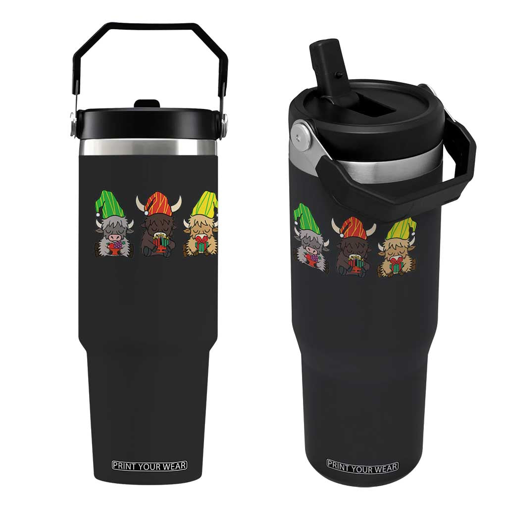 Funny Highland Cow With Kinara And Presents Cultural Pride Gift Flip Straw Tumbler TS12 One Size: 30 oz Black Print Your Wear